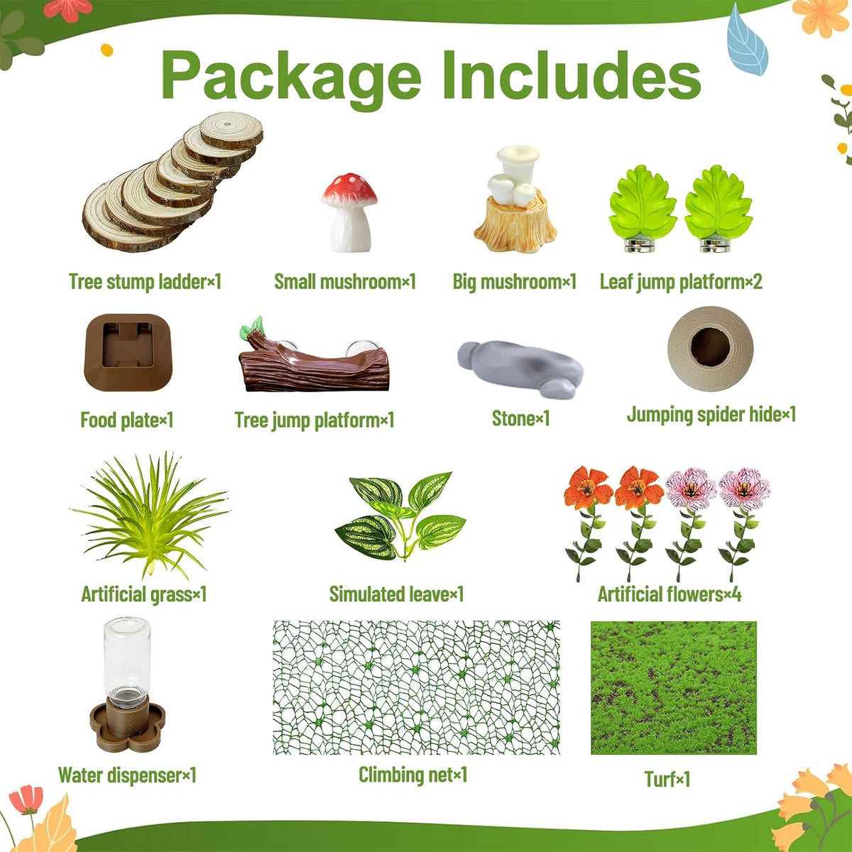 Jumping Spider Enclosure Accessories,with Enclosure Decor Kit,Hide Habitat,Platform,Food Bowl,Water Dispenser for Jumping Spider Habitat (Forest)