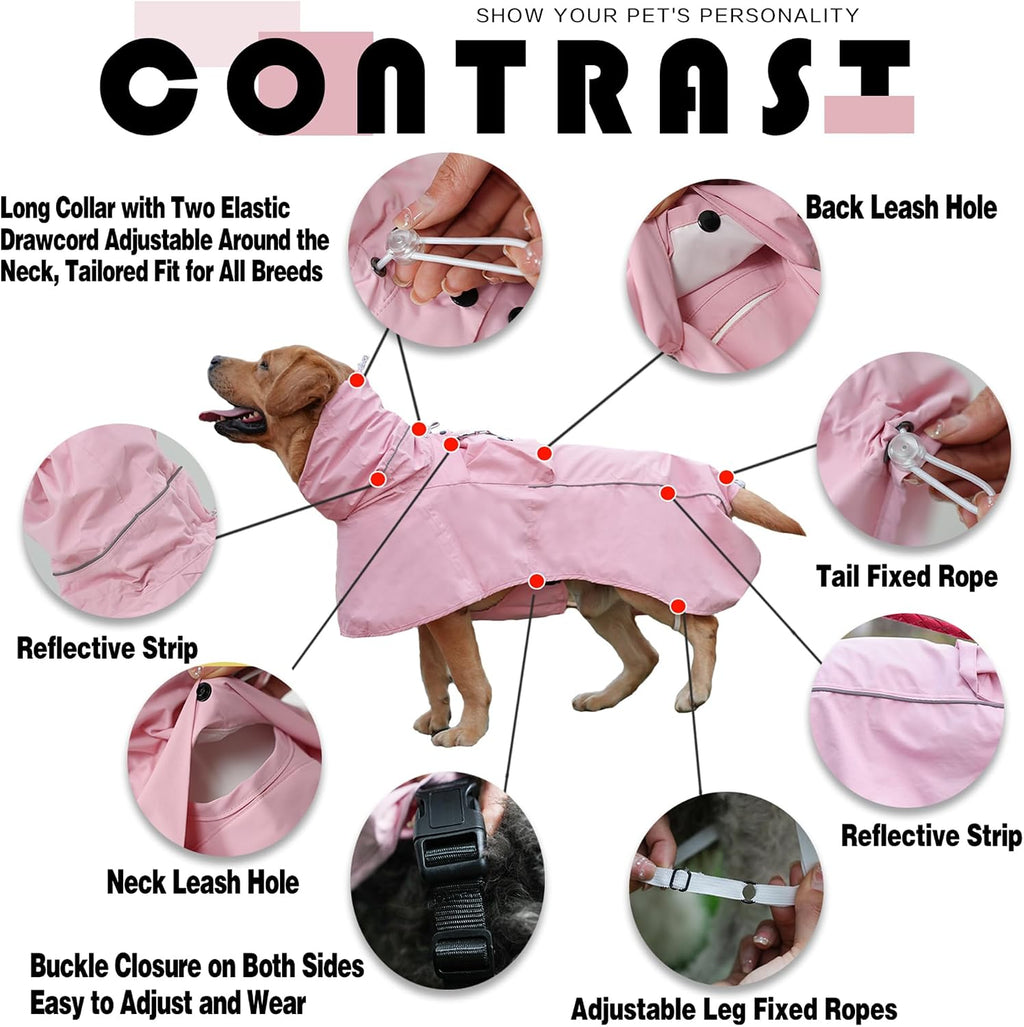 MAMORE Dog Raincoat, Waterproof Rain Jacket for Small Medium Large Dogs, Windproof Reflective Adjustable Breathable Pet Rain Coat with Storage Pocket and Leash Holes (Pink, Large)
