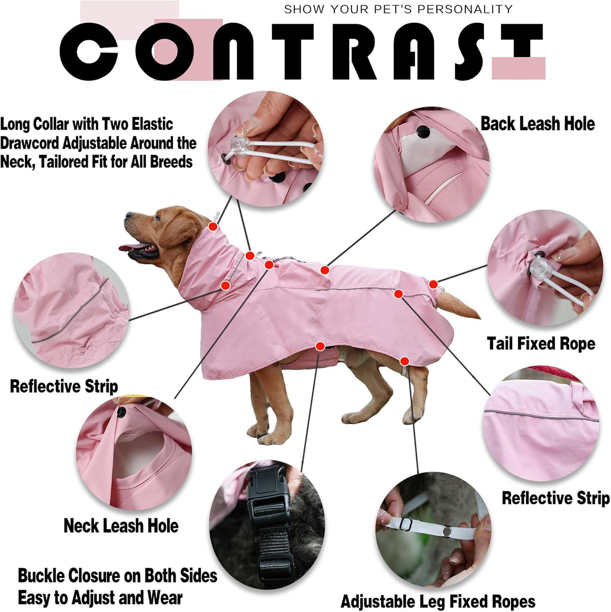 MAMORE Dog Raincoat, Waterproof Rain Jacket for Small Medium Large Dogs, Windproof Reflective Adjustable Breathable Pet Rain Coat with Storage Pocket and Leash Holes (Pink, Large)