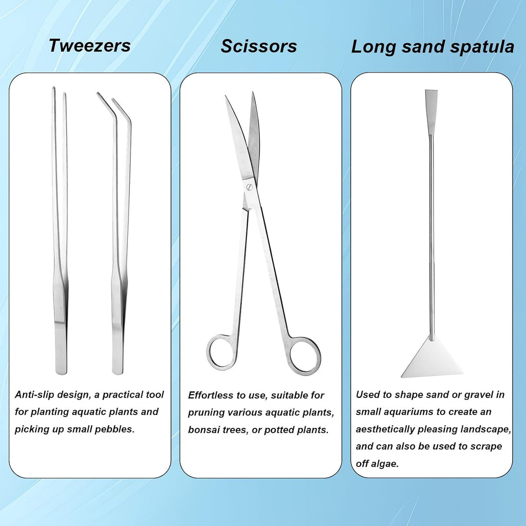 7 Pcs Aquarium Aquascape Tools Kit, Stainless Steel Aquatic Plant Aquascaping Set with Straight/Curved Long Tweezers Scissors Spatula Algae Scraper & 2 Replacement Heads Fish Tank Cleaning Kit