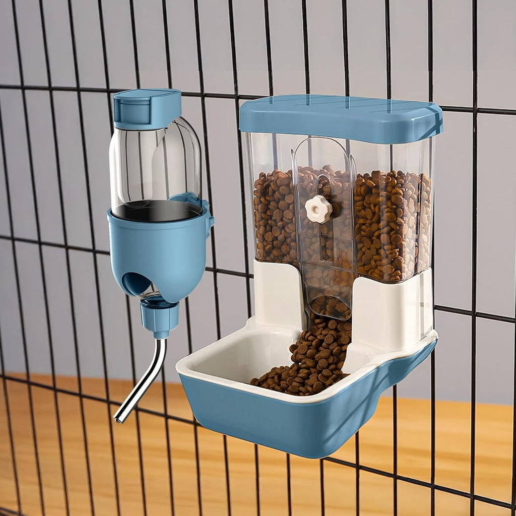 Automatic Pet Food Water Dispenser, Auto Gravity Pet Feeder Water Bottle Set for Crate Cage, Feeding Station for Small Dog Cat Rabbit Guinea Pigs Chinchilla Ferret Hedgehog (Blue)