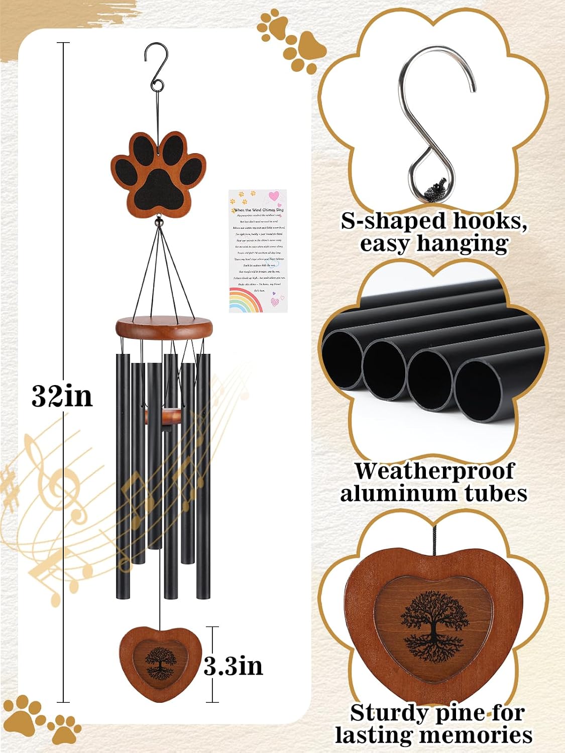 Alphatool Dog Memorial Wind Chimes Gifts with Photo Frame, 32 in