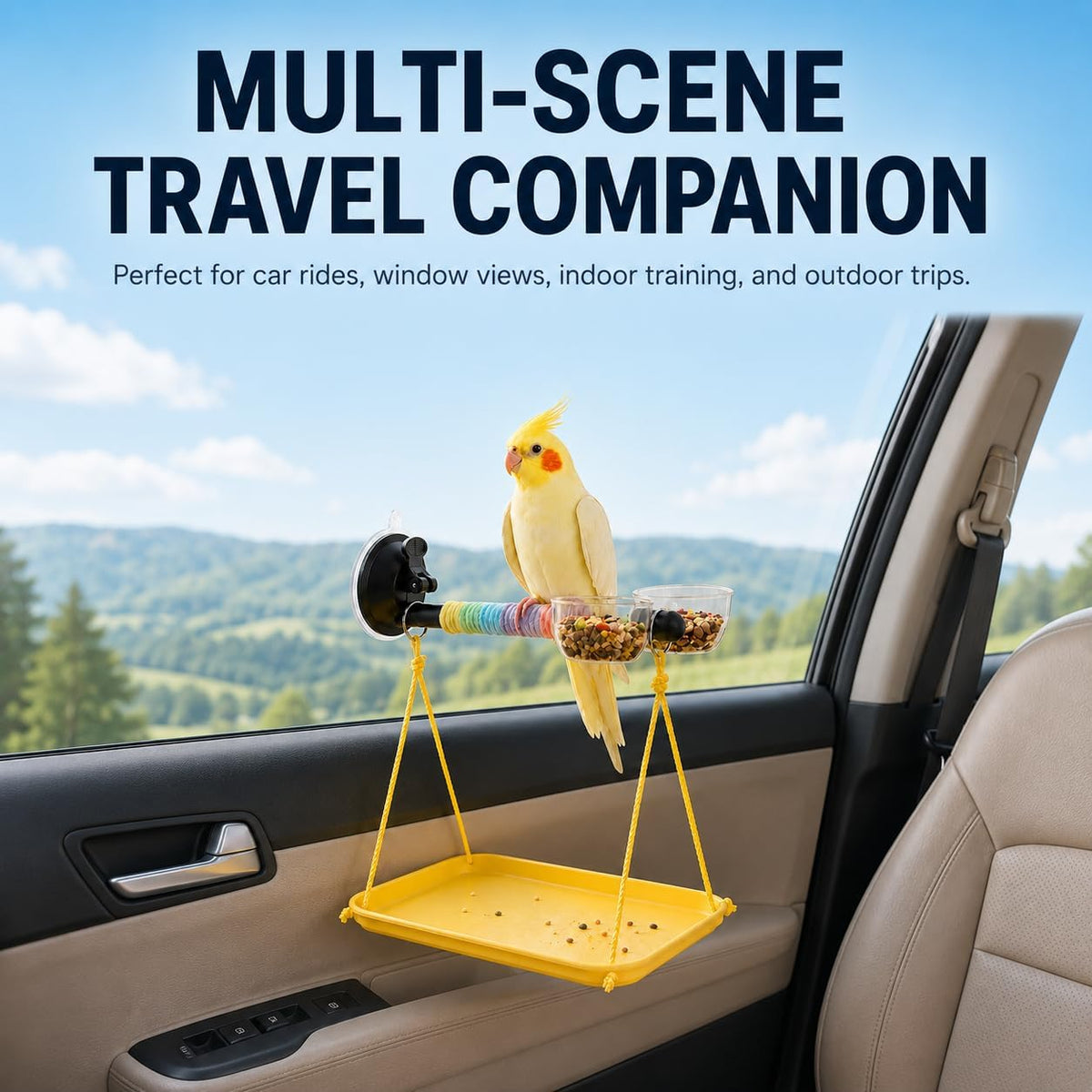 Portable Bird Stand with Poop Tray, Tabletop & Window Bird Perch for Travel and Car, Play Gym Training Toy for Small Medium Birds, Parakeets, Conures, Budgies, Easy to Clean