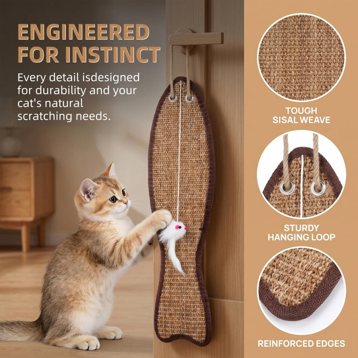 SEWACC Fish Shaped Cat Scratching Mat Sisal Protective Hanging Pad for Door or Wall Handwoven Cat Scratch Pad for Claw Care Furniture Protection Pet Play 20.86 X 5.23 X 1.18 in
