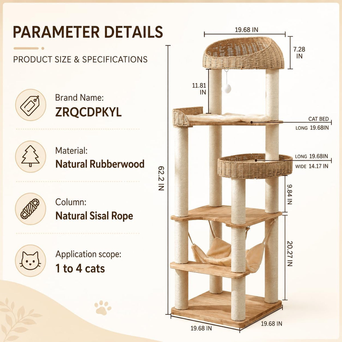 62in Wood Cat Tree for Large Cats, Heavy Duty Tall Cat Tower