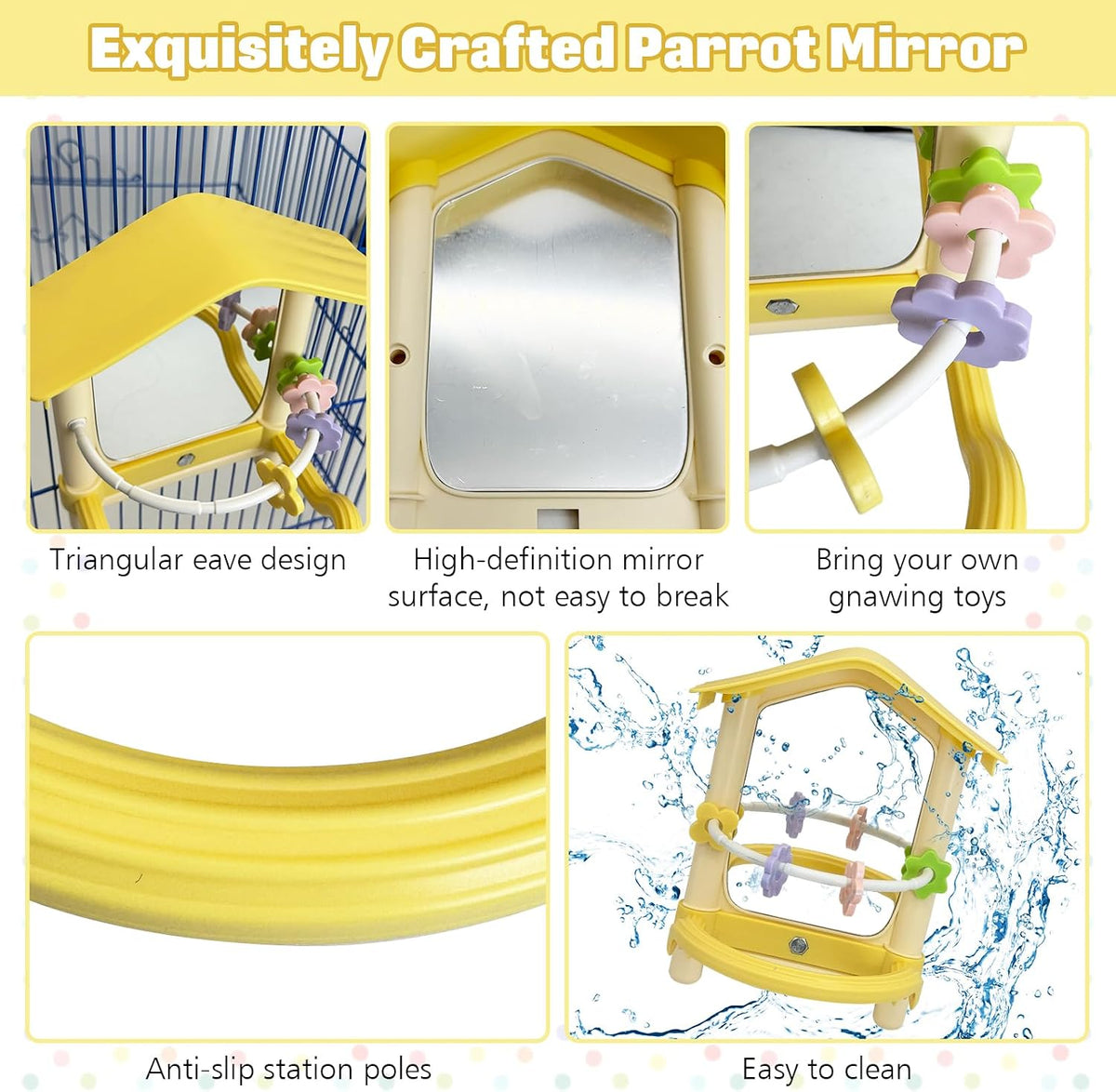 Bird Mirror with Plastic Perch and 5PCS Colorful Rattan Balls Parakeet Hanging Swing with Mirror Interactive Toy Bird Cage Accessories for Cockatiel Parrot Conures Cockatoo Finch(Yellow)