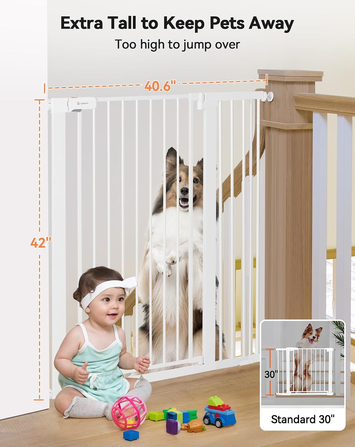COMOMY 42" Extra Tall Baby Gate for Stairs, Fits 29.5" to 40.6" Openings
