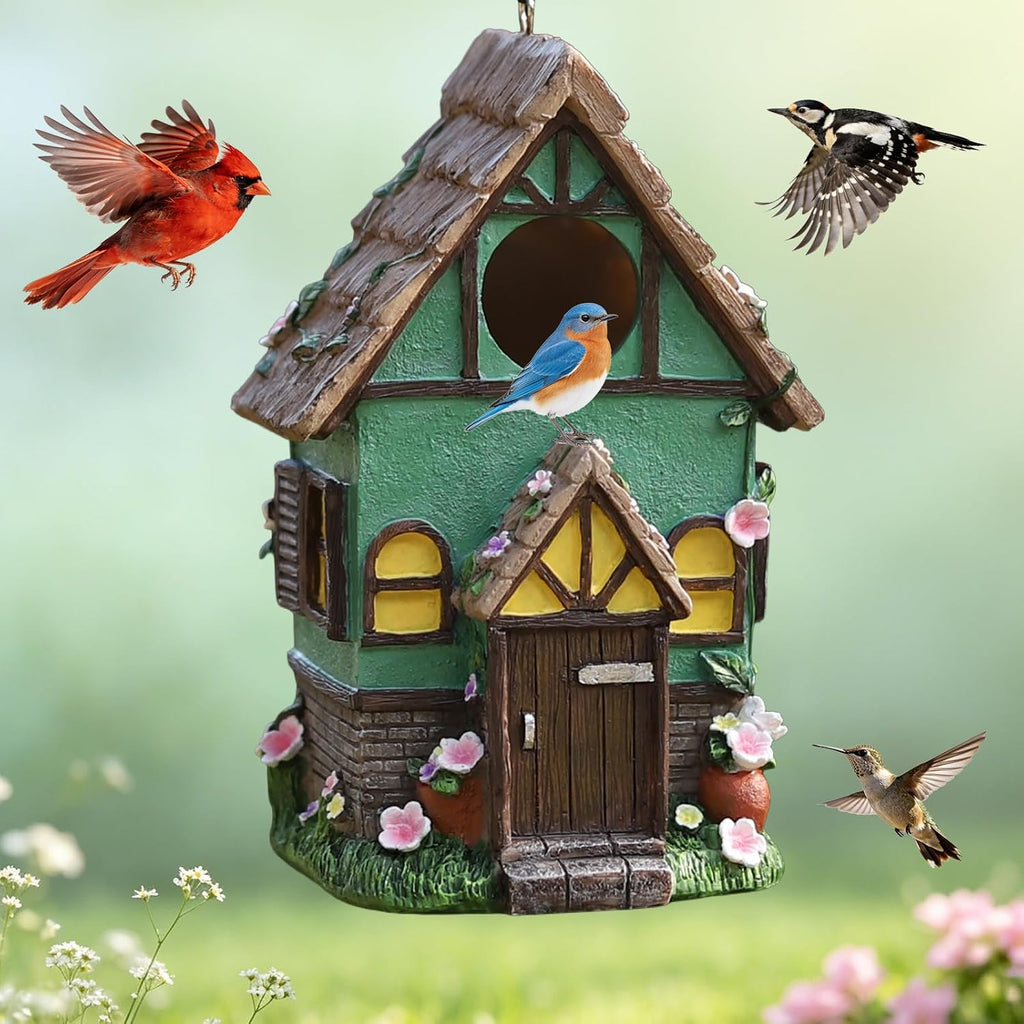 Bird Houses for Outside Rustic Cottage Thatch Roof Birdhouse with Flowers – Hand-Painted Resin Birdhouses for Outdoors for Bluebird Finches Cardinals Bird Nesting Garden, Patio, Yard