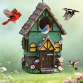 Bird Houses for Outside Rustic Cottage Thatch Roof Birdhouse with Flowers – Hand-Painted Resin Birdhouses for Outdoors for Bluebird Finches Cardinals Bird Nesting Garden, Patio, Yard