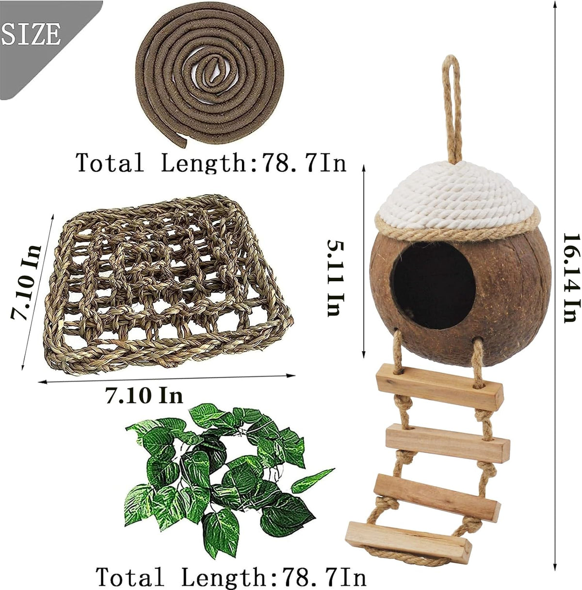 Leopard Gecko Coconut Hut with Ladder,Grested Gecko Coco Den Lizards Hanging Coconut Shell Hideout Cave Reptiles Tank Accessories Climbing Hanging Plants Jungle Vine Flexible Leaves Decor
