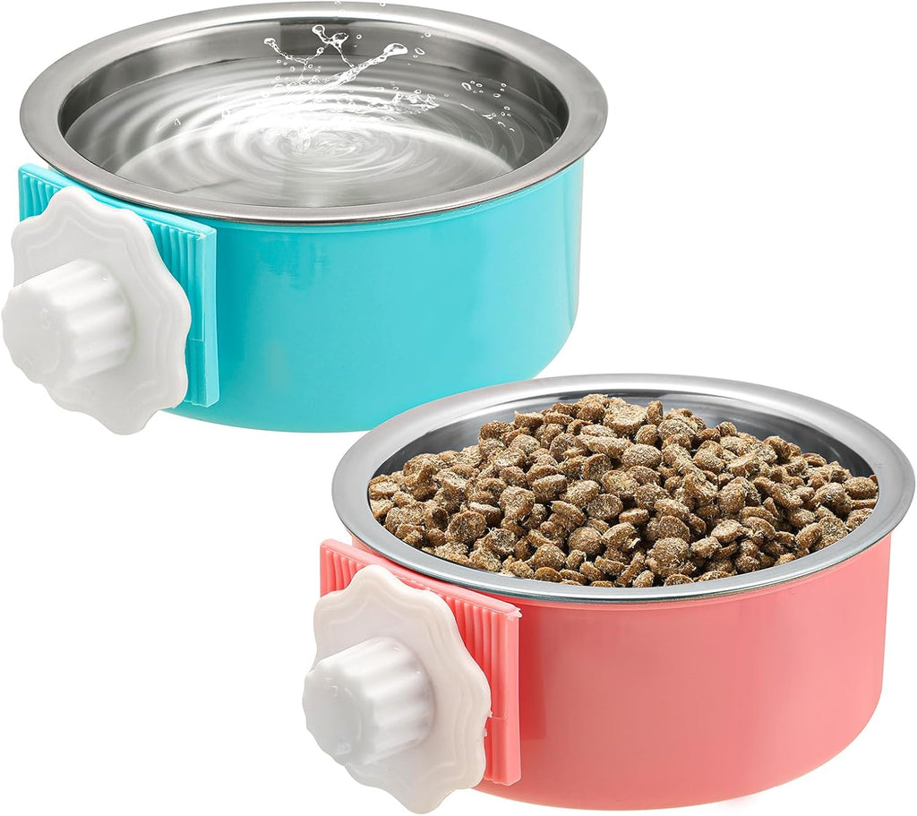 Mechpia 4 Pieces Crate Dog Bowl, Removable Stainless Steel Pet Kennel Hanging Food Water Feeder Bowl Cage Coop Cup for Puppy Medium Dog Cat Rabbit Ferret Bird