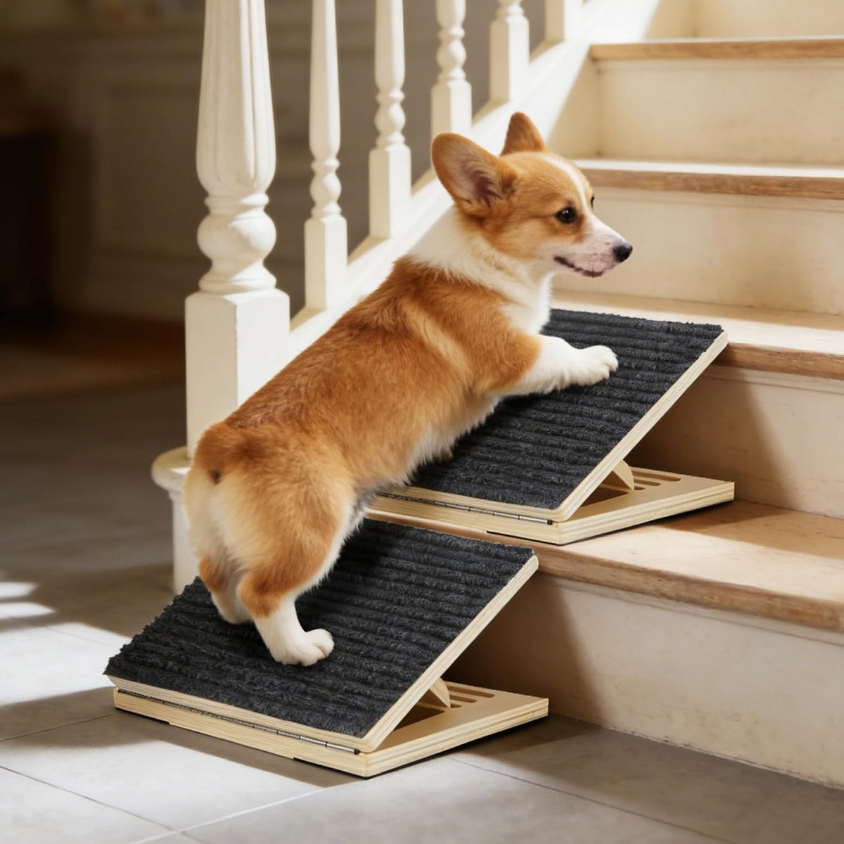 Dog Ramp for Stairs, 2 Pack Wooden Dog Stair Ramps for Small Dogs Only, Foldable Non-Slip Pet Ramp for Indoor Stairs, Adjustable Step Support for Senior, Short-Legged & Small Pets
