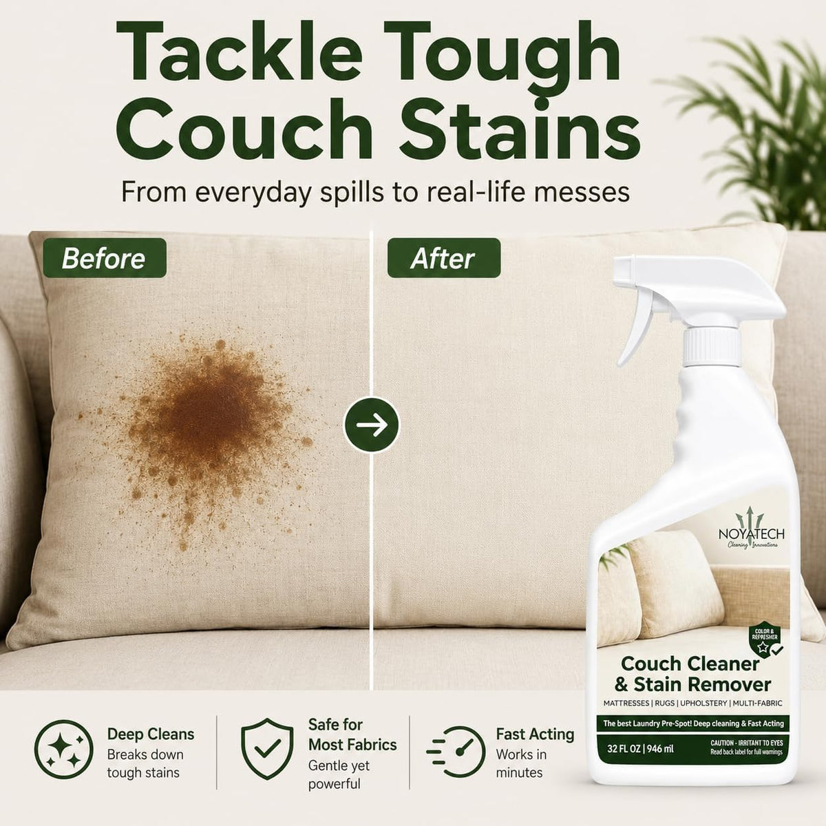 NOYATECH Couch Cleaner and Stain Remover Spray, Pet Safe Upholstery, 32 oz