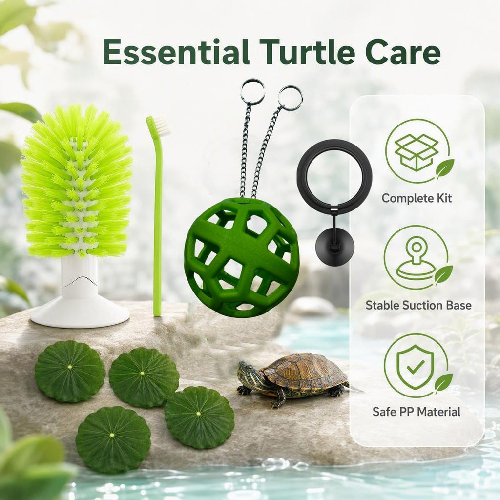 8 PCS Turtle Tank Accessories Set Turtle Brush with Suction Cup, Handle Scrub Brush, Feeder Ball,Floating Lotus Leaves,Feeding Ring
