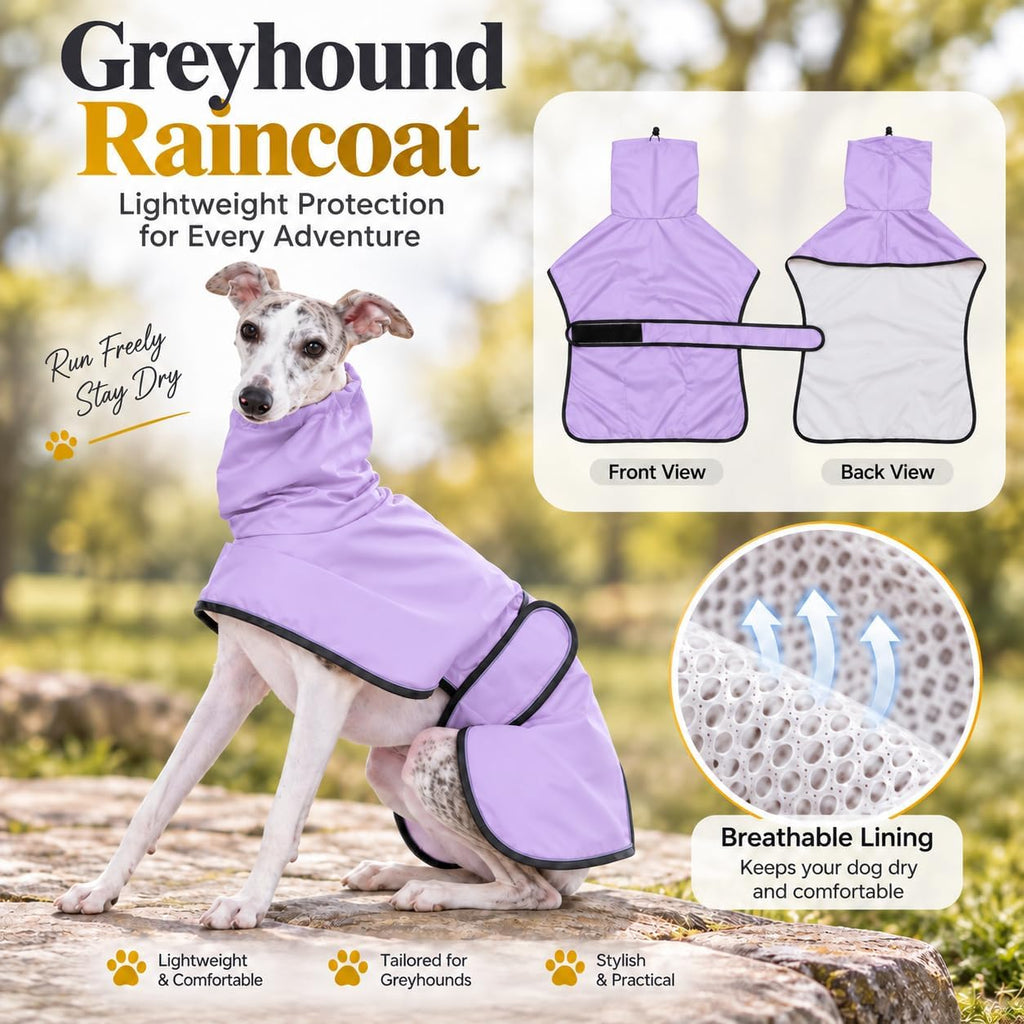 Greyhound Whippet Raincoat Waterproof with Reflective Stripe high Neck fit for Italian Greyhounds Whippets Long Back Breeds - Purple - XL