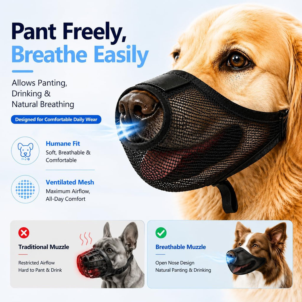 Dog Muzzle, Soft Air Mesh Muzzles for Medium Sized Dogs, Breathable Dog Mussels for Scavenging Biting Licking & Barking, Adjustable Mouth Guard with Front Opening, Allows Panting and Drinking(Black,M)