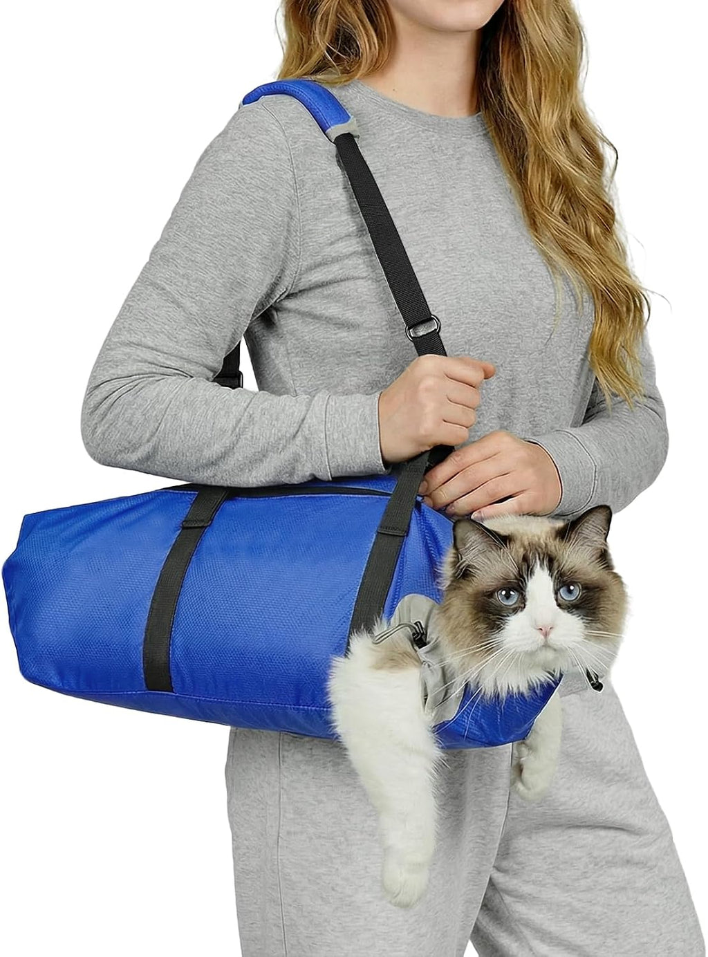 Cat Carrier Pouch, Soft Cat Grooming Restraint Bag for Vet Visits, Nail Trimming,Dental Care & Medication, Comfortable Cats Carry Bag with Bottom Support for Car Travel,Blue S(4-10lbs)