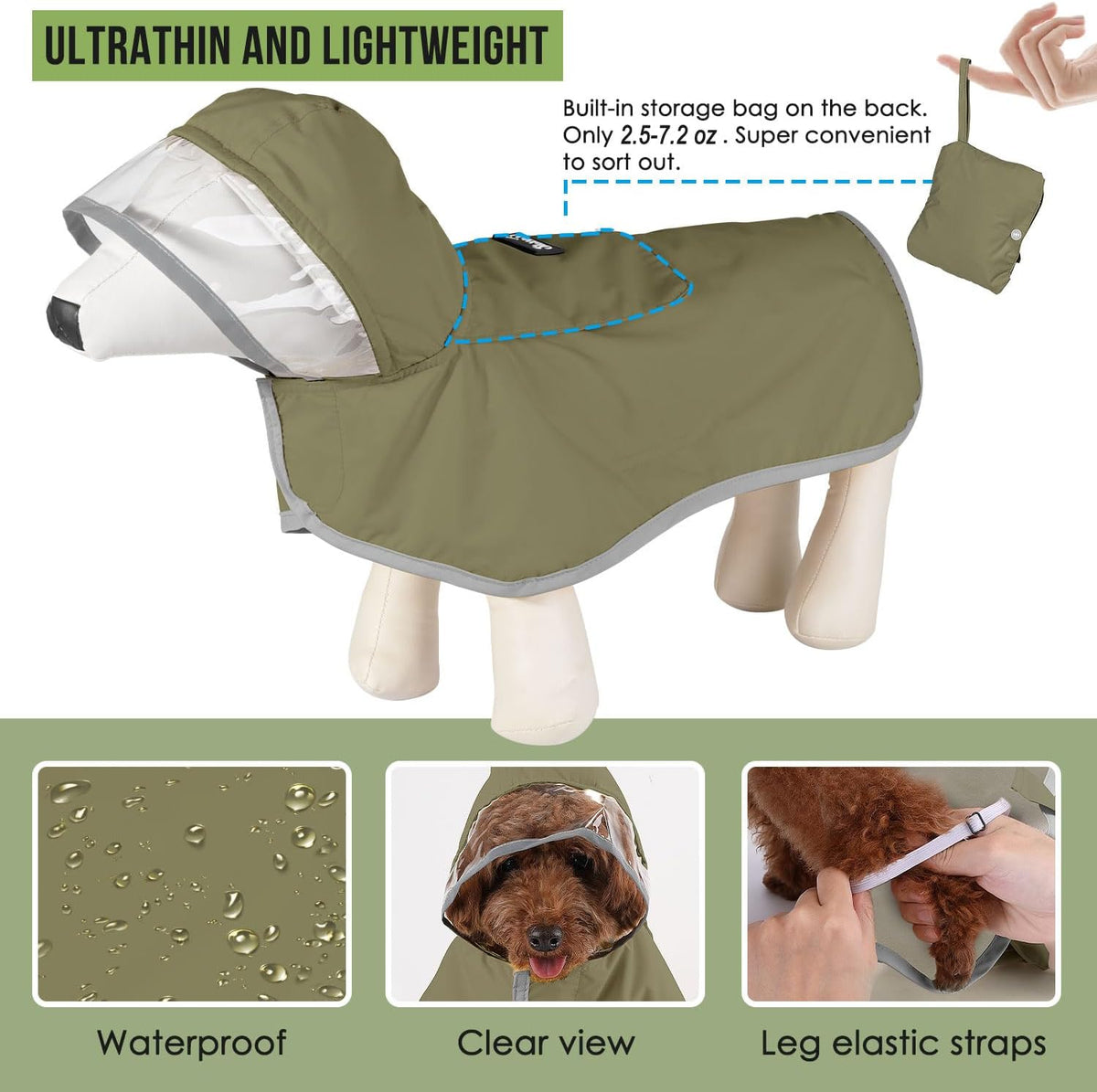 Lukovee Dog Raincoat, Ultra-Light Rain Jacket with Hood & Leash Hole, L