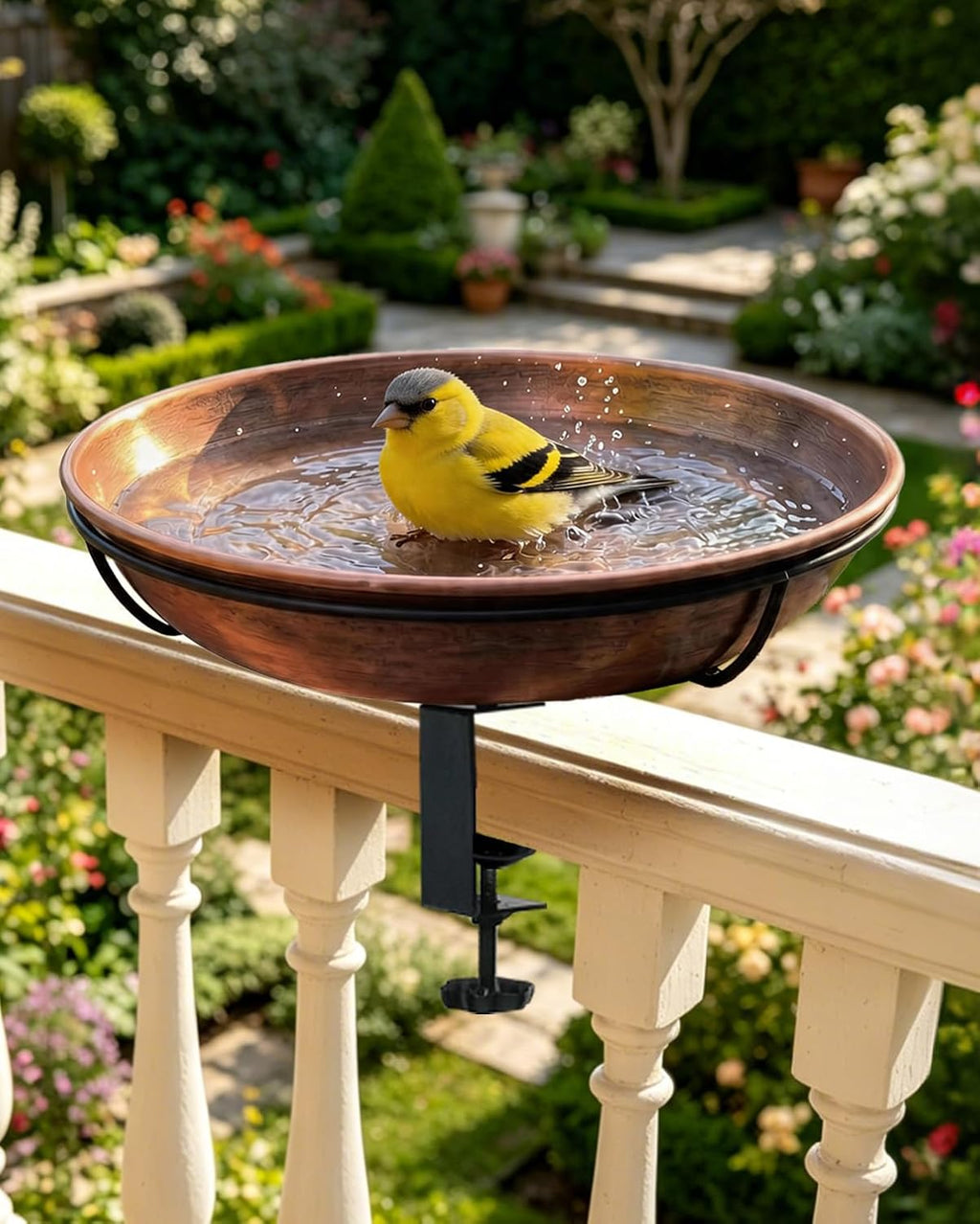 Deck Mounted Bird Bath with Adjustable Clamp, Removable Metal Bowl