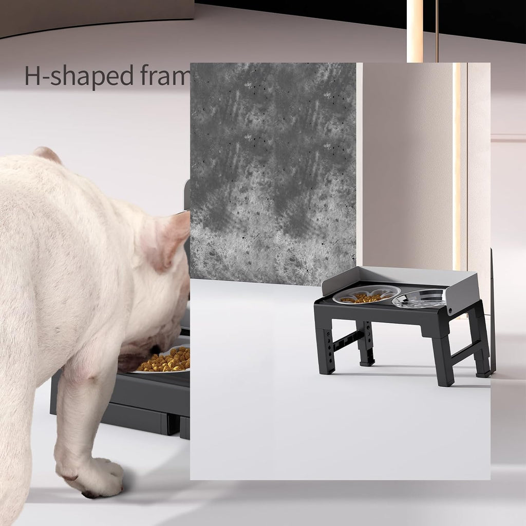 PAKEWAY Elevated Dog Bowls for Medium and Large Dogs, Spill-Proof Tiltable Dog Feeder with Slow Feeder Bowl and Stainless Steel Water Bowl, 6-Height Adjustable Raised Dog Bowl Stand