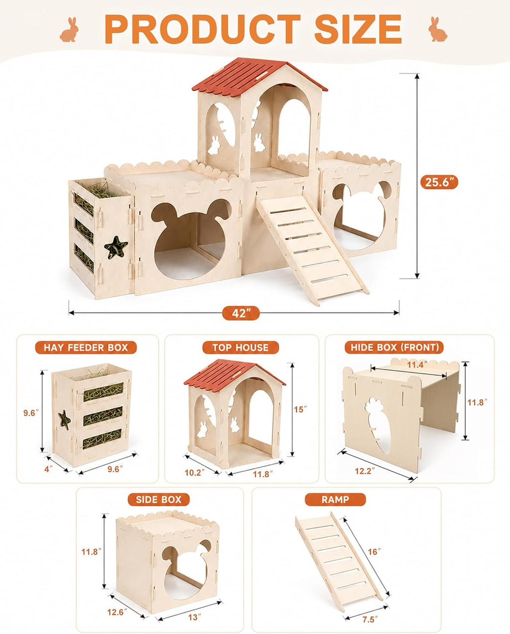 Extra Large Rabbit Castle with 2 Soft Fleece Mats and Hay Feeder,