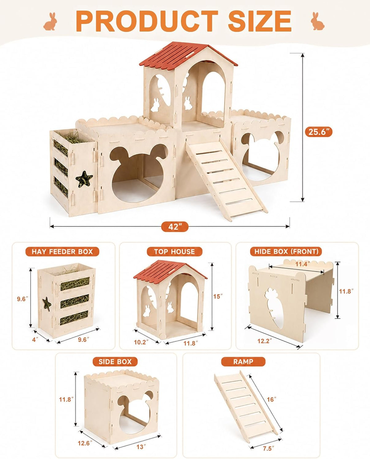 Extra Large Rabbit Castle with 2 Soft Fleece Mats and Hay Feeder,