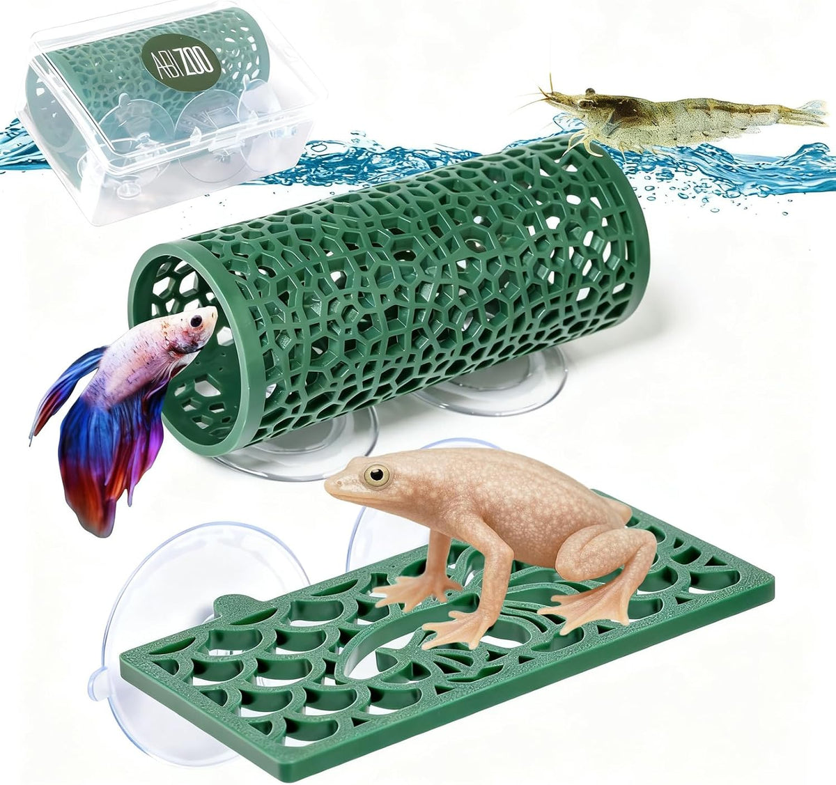 Abizoo Betta Fish Tunnel Hideout and Hammock Bed Aquarium Decor Dark Green