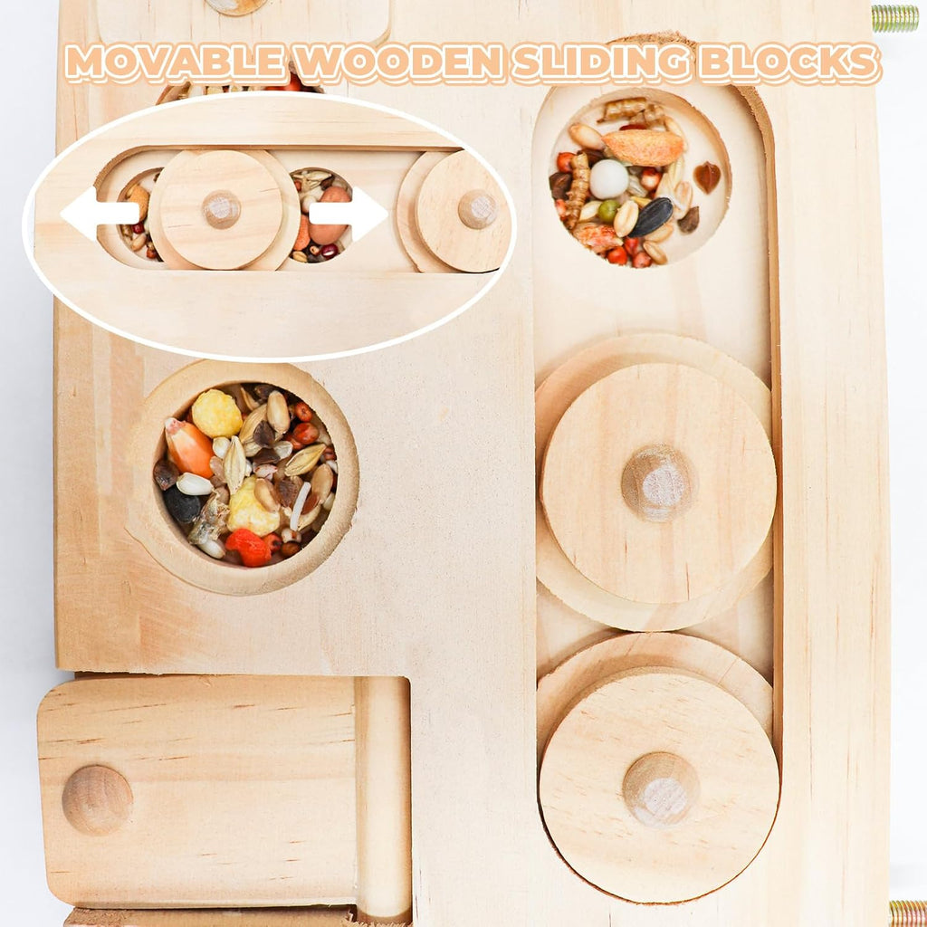 Wooden Bird Foraging Puzzle – Interactive Food Challenge Toy with Sliding Blocks & Locks | Cage-Mounted Enrichment for Budgies, Cockatiels, Conures