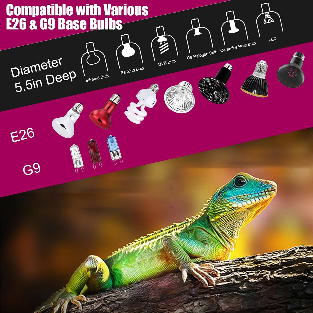5.5" Ceramic Socket (E26/G9) Deep-Dome Reptile Heat & UV Basking Lamp Kit