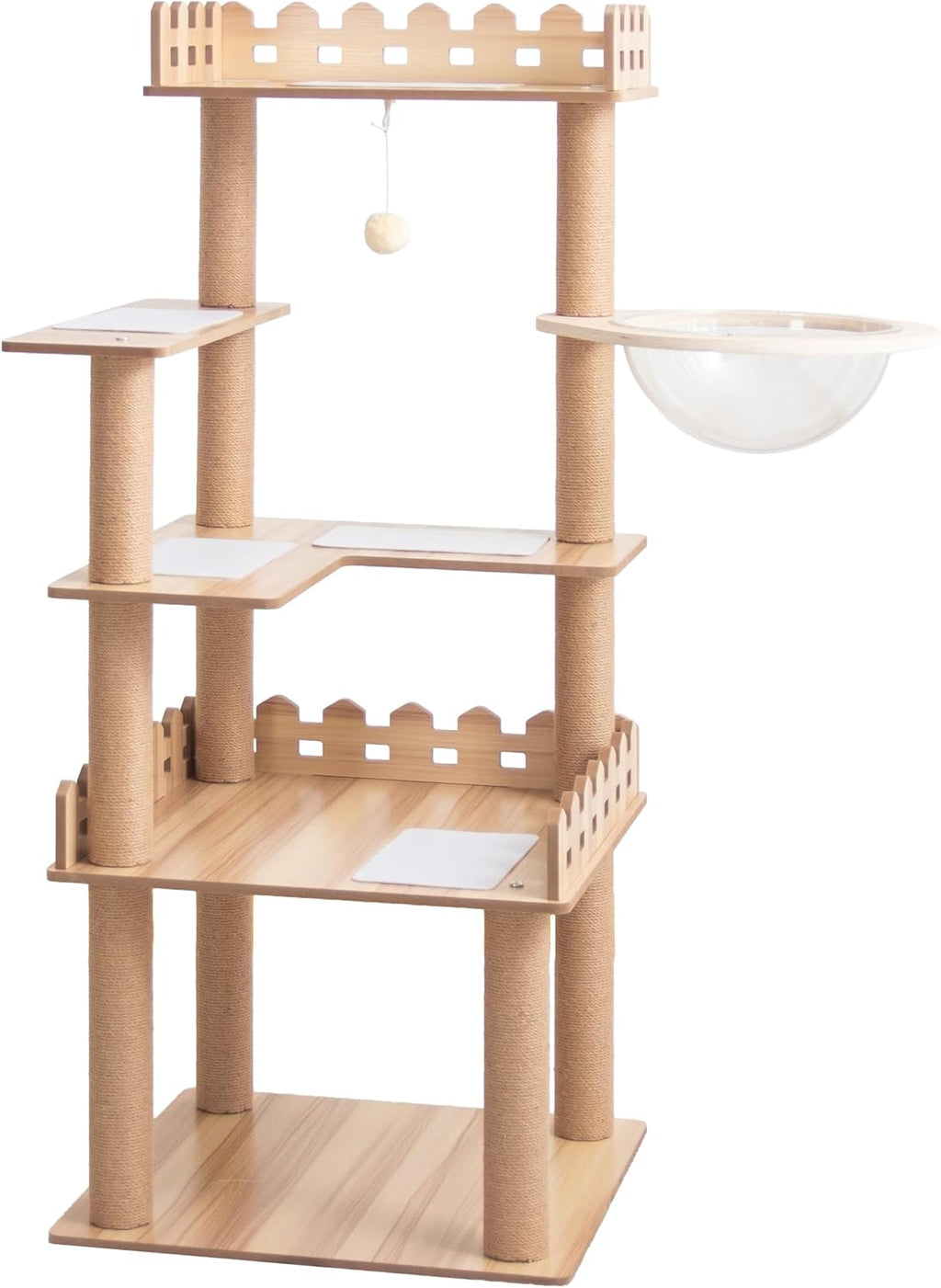 Wood Cat Tree for Indoor Cats, 53 inch Cats Furniture Tower with Large Platforms, Clear Bowl, Full Sisal Scratching Posts, Water Proof Surface