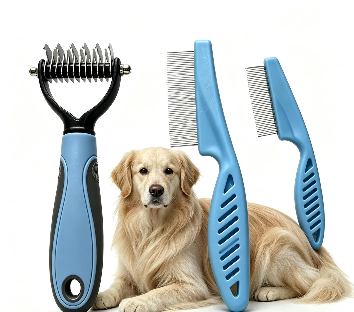 Pet Dematting Comb Kit, 1pc Double Sided Undercoat Rake for Mats & Tangles + 2Pcs Metal Pet Comb, Grooming Brush Set for Long Silky Haired Dogs and Cats, Small Size