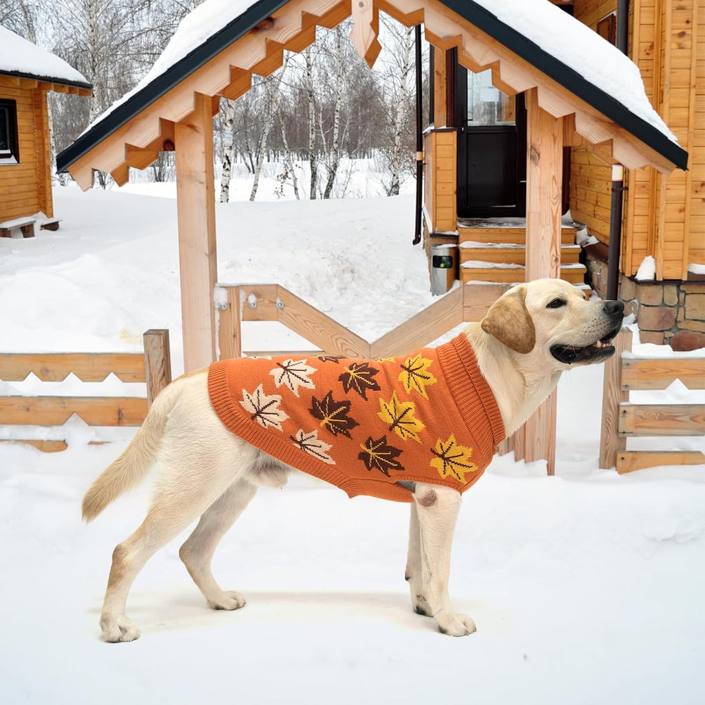 KOOLTAIL Fall Dog Sweater, Thanksgiving Dog Sweater with Autumn Maple Leaf Pattern, Cold Weather Pet Knitted Winter Coats Clothes Turtleneck Pullover for Small Medium Large Dogs Cat Boy Girl, Orange L