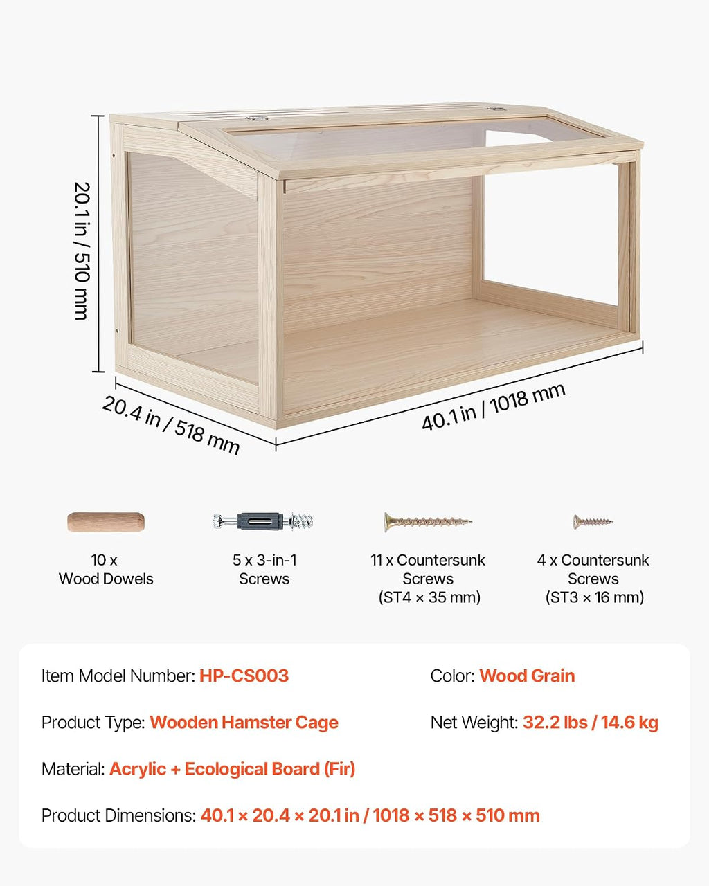 VEVOR Wooden Hamster Cage 40.1"x20.4"x20.1" 270° Viewing Hamster Habitat, Chewproof Acrylic Small Animal Cage with Openable Top, Large Pet Enclosure for Syrian/Dwarf Hamsters, Guinea Pigs & Gerbils
