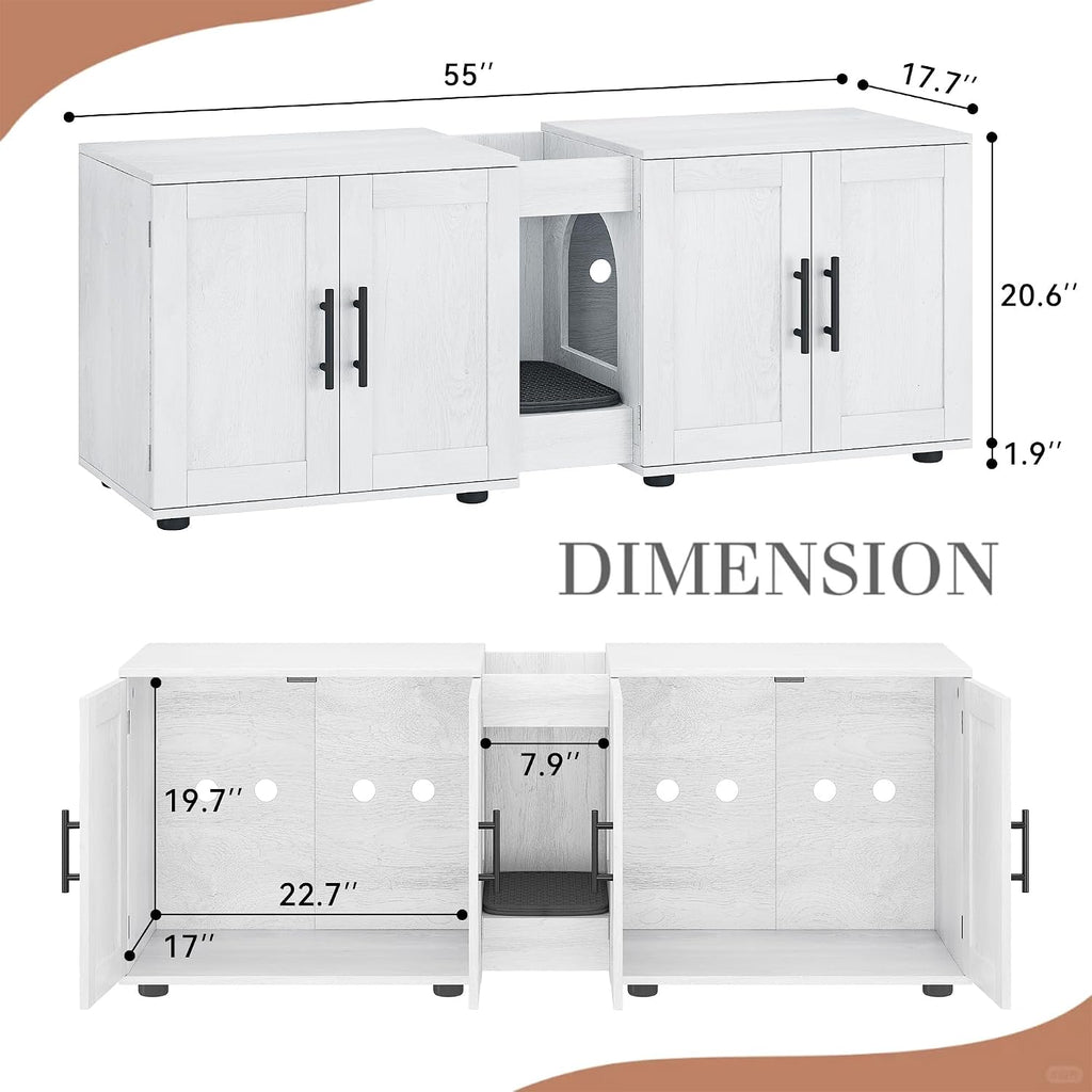 Cat Litter Box Enclosure, 55“ Large Hidden Litter Box Furniture with Double RoomsFarmhouse Wooden Cat Washroom for Bedroom Living Room, White