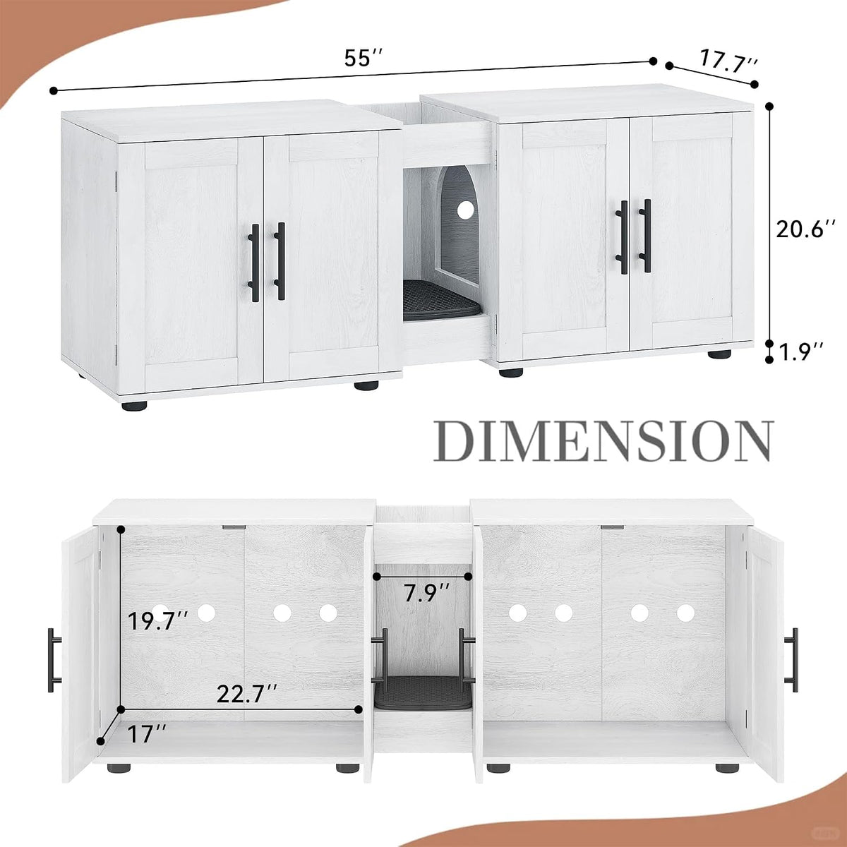 Cat Litter Box Enclosure, 55“ Large Hidden Litter Box Furniture with Double RoomsFarmhouse Wooden Cat Washroom for Bedroom Living Room, White