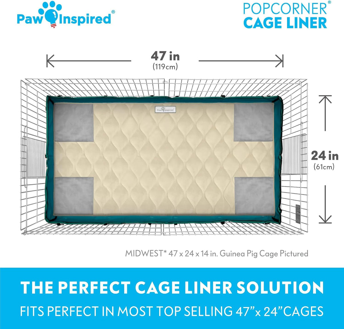 Paw Inspired PopCorner Guinea Pig Cage Liners | Washable Fleece Bedding or Pet Bed Mat for Small Animals | Super Absorbent Pee Pad with Reinforced Corners and Waterproof Bottom (Midwest, Tan)