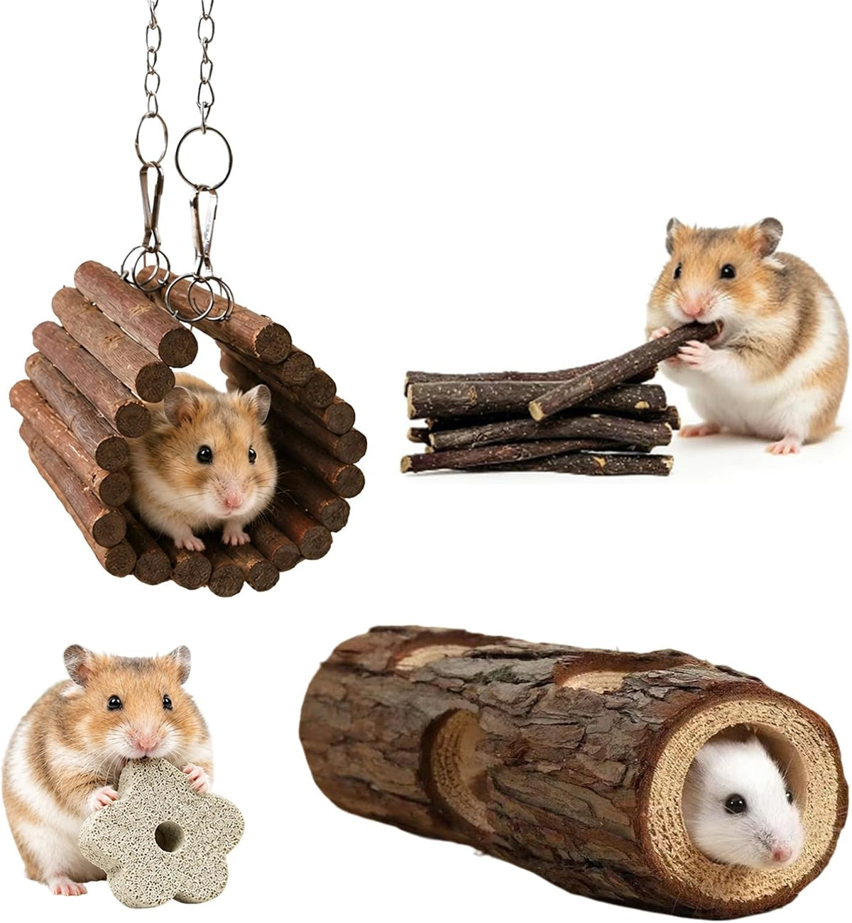 Natural Wooden Hamster Tunnels & Hideouts–Chew-Safe Birch Trunk Tubes(4pcs)