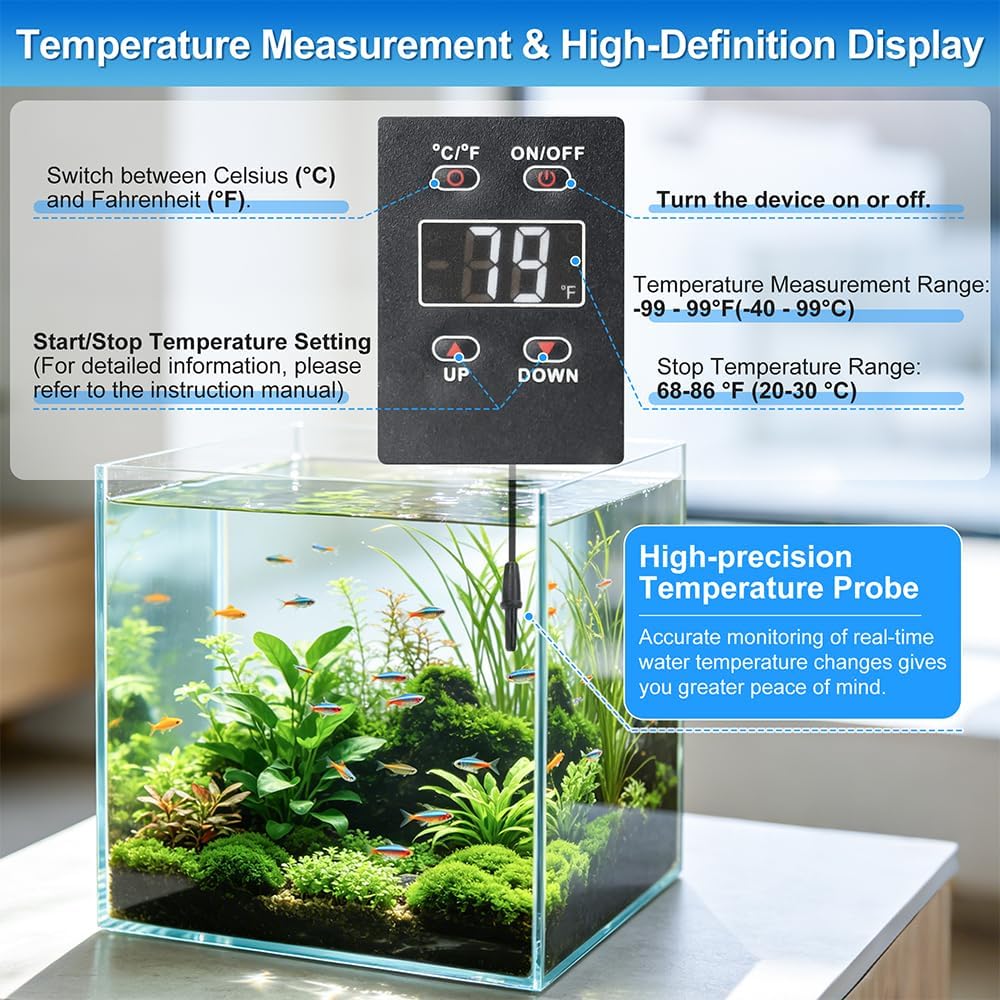 Aquarium Auto Temperature Control Chiller Fan Ultra-Quiet Fish Tank Cooler Fan Cooling Effect 3-8°F with Temperature Probe & LCD Display for Axolotl Betta Aquariums