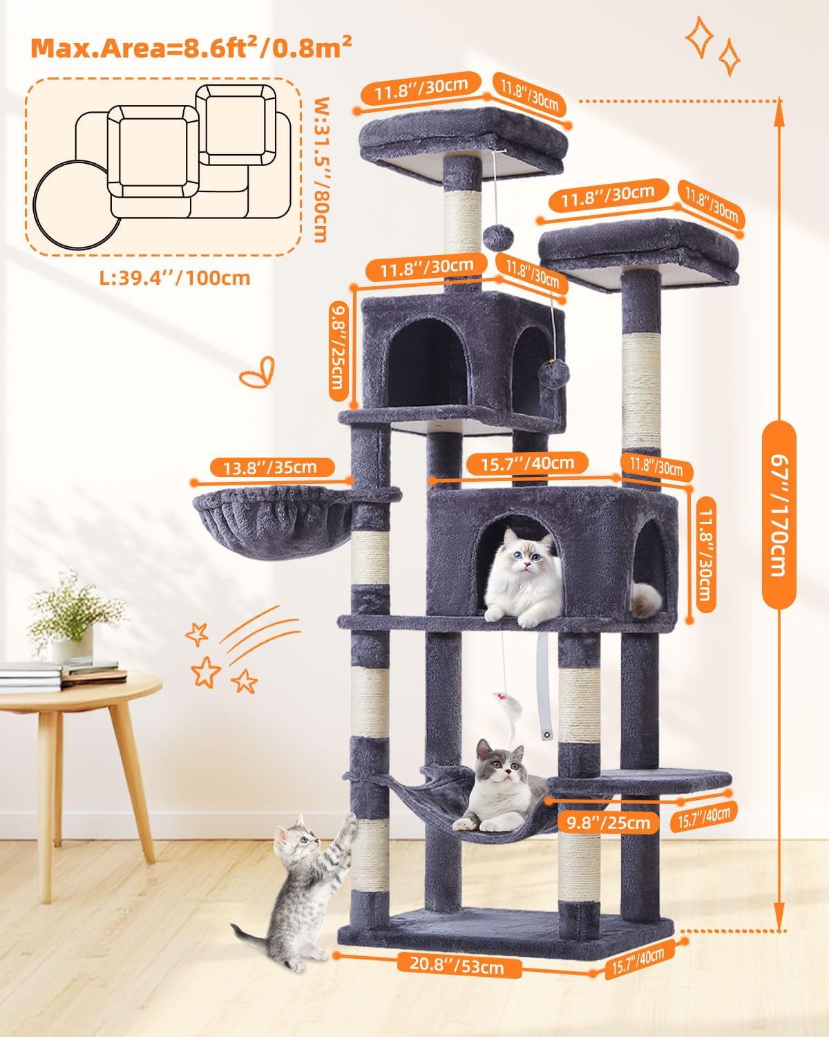 Taoqimiao Cat Tree, 67 in Tall Cat Tower with 2 Plush Cat Condos