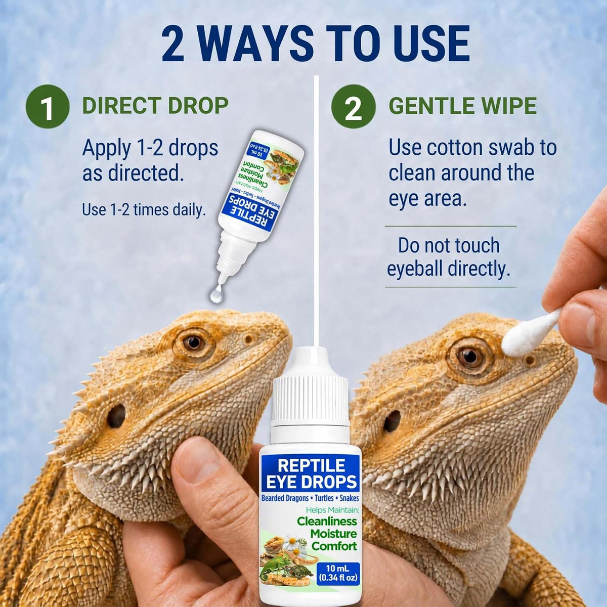 Reptile Eye Drops for Turtles, Bearded Dragons, Snakes & Lizards, Daily Eye Care Solution with Manuka Honey & Chamomile, Helps Clean Eye Area & Shedding Residue, Includes Cotton Swabs, 10 mL