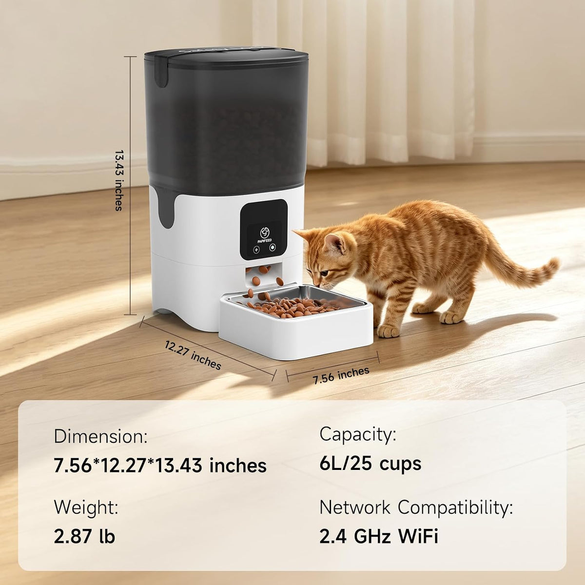 PAPIFEED Automatic Cat Feeder with App, WiFi Auto Cat Feeder, 6L Slow-Feed Cat Food Dispenser for Dry Food, Dual Power Supply Timed Pet Feeder for Small Dog, 10 Meals/Day, 12 Portions/Meal, White