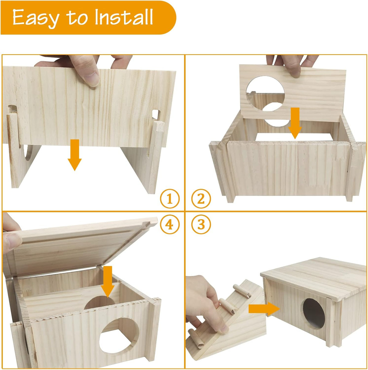 Fhiny Wooden Hamster Hideaout, Multi-Room Hamster House with Ladder