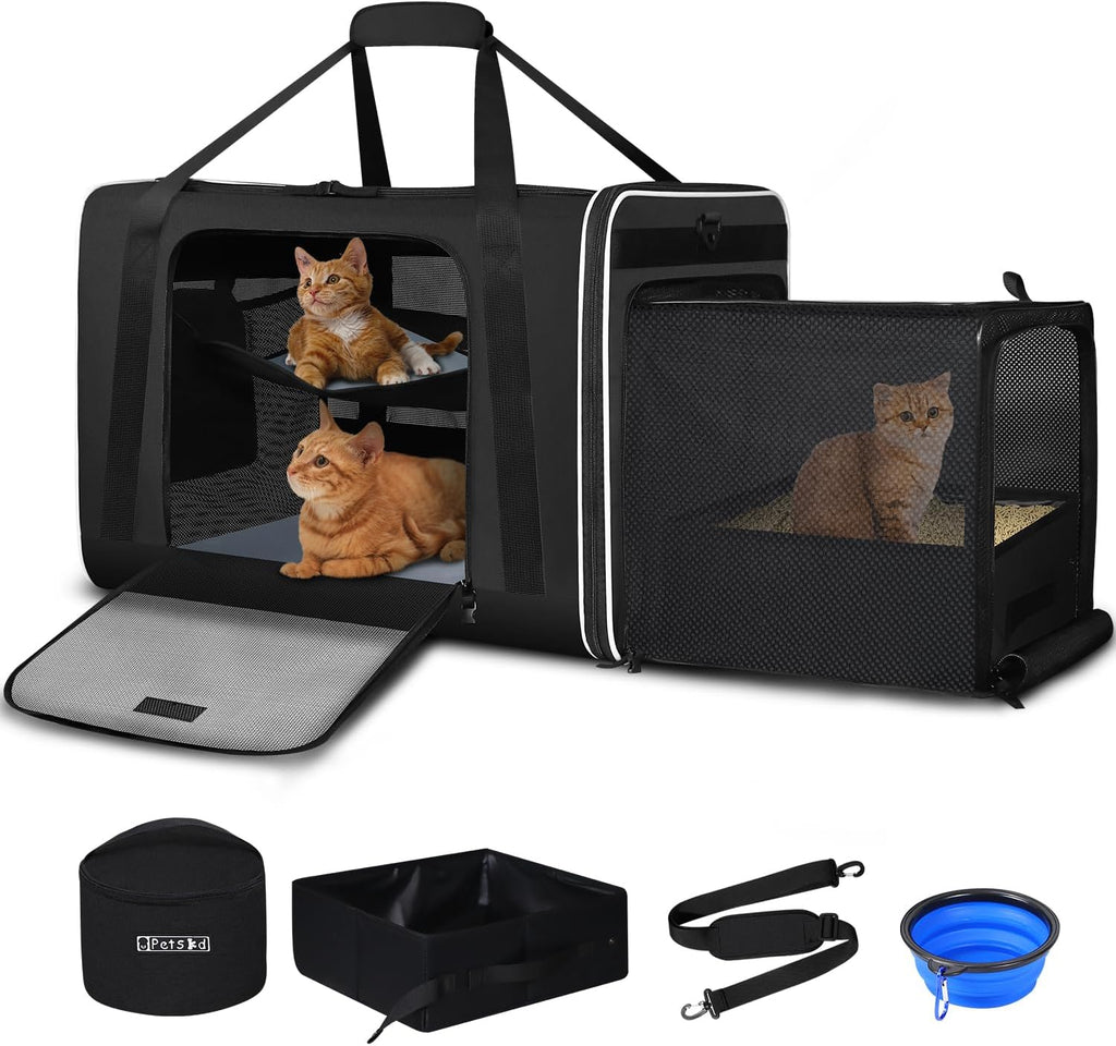 Petskd Side Expandable Extra Large Cat Carrier with Litter Box, Black