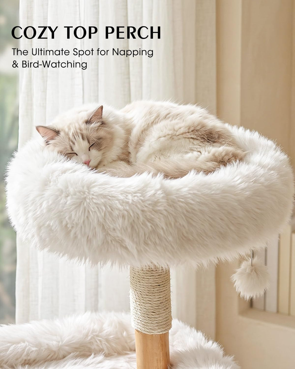 Solid Wood Cat Tree, Boho Modern Cat Tree Tower with Pear Branch