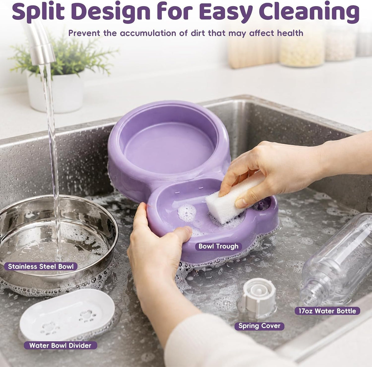 2-in-1 Dog Cat Bowl, Cat Food and Water Bowl Set, Purple