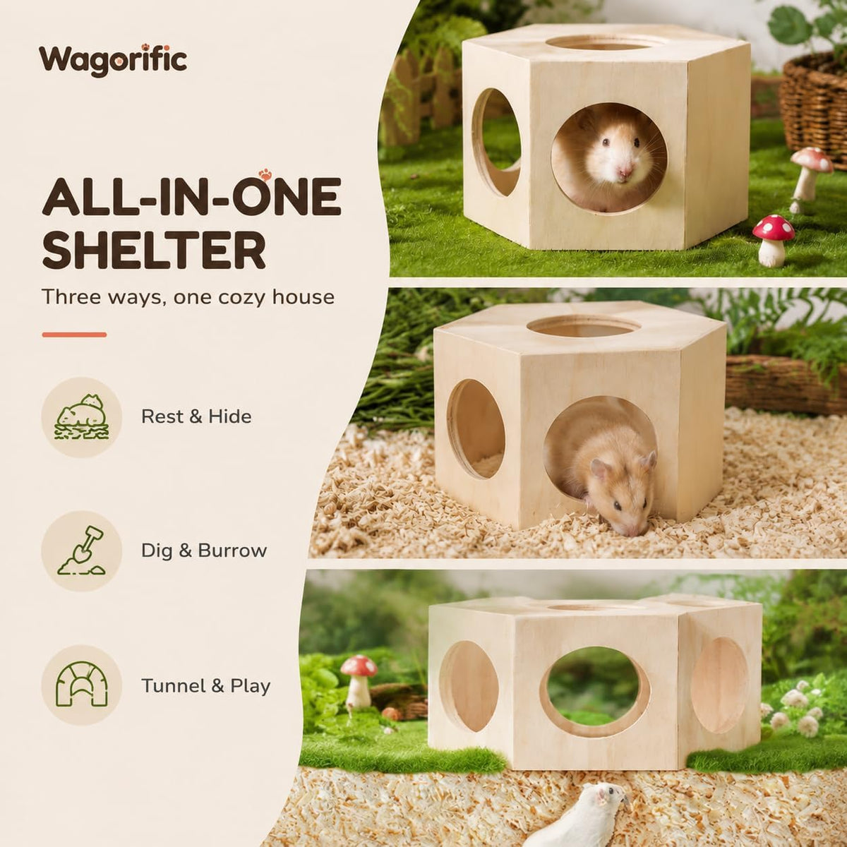 Hamster Hideout House, Stackable Wooden Shelter for Small Animals