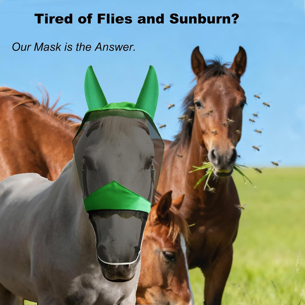 Fly Masks for Horses with Ears and Nose Cover - Comfortable Horse Fly mask with Ears for UV Protection & Sun Shield – Soft Lightweight- Breathable Horse mask (Long Nose, L)