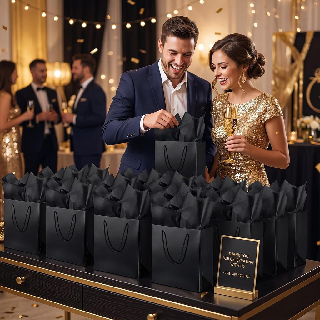 12 Pack Black Gift Bags with Tissue Paper, Metallic Finish, Rope Handles