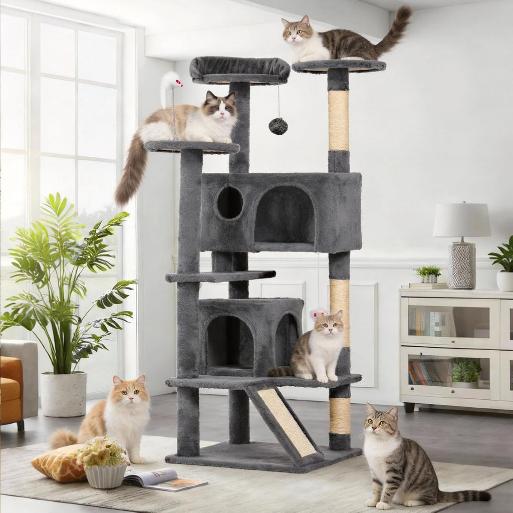Aotaide 54in Cat Tree, Multi-Level Cat Tower,2 Cozy Caves, Scratching Posts, Climbing Ladder, Plush Balls, Durable Pet House Furniture for Indoor Kittens,Beige
