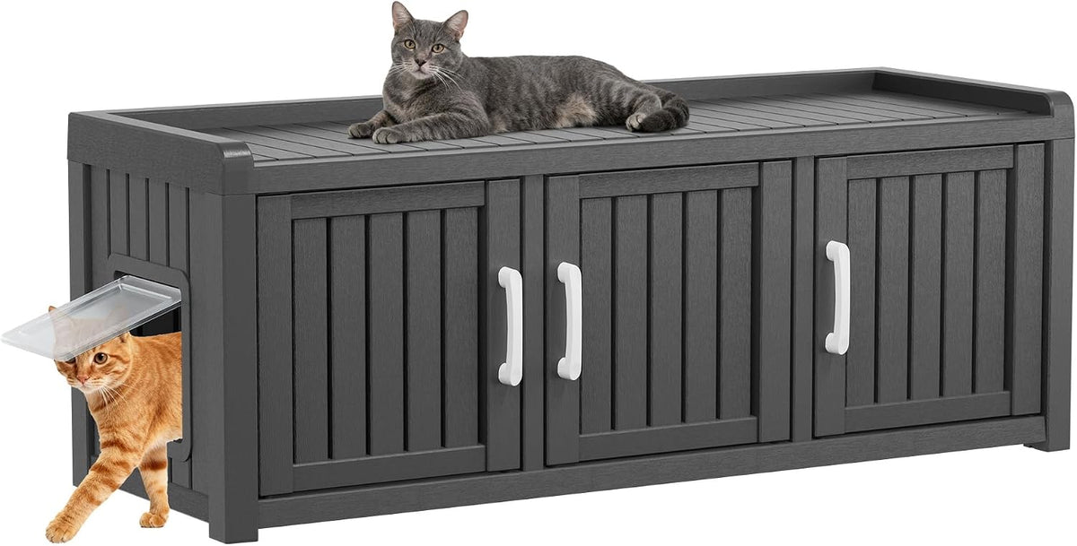 Cat Litter Box Enclosure, Hidden Cat Litter Box Furniture for 2 Cats, Resin Outdoor Cat Enclosure with Hidden Toilet, End Table, Fit Cat Litter Box, Black-Dual-Side Entry/exit